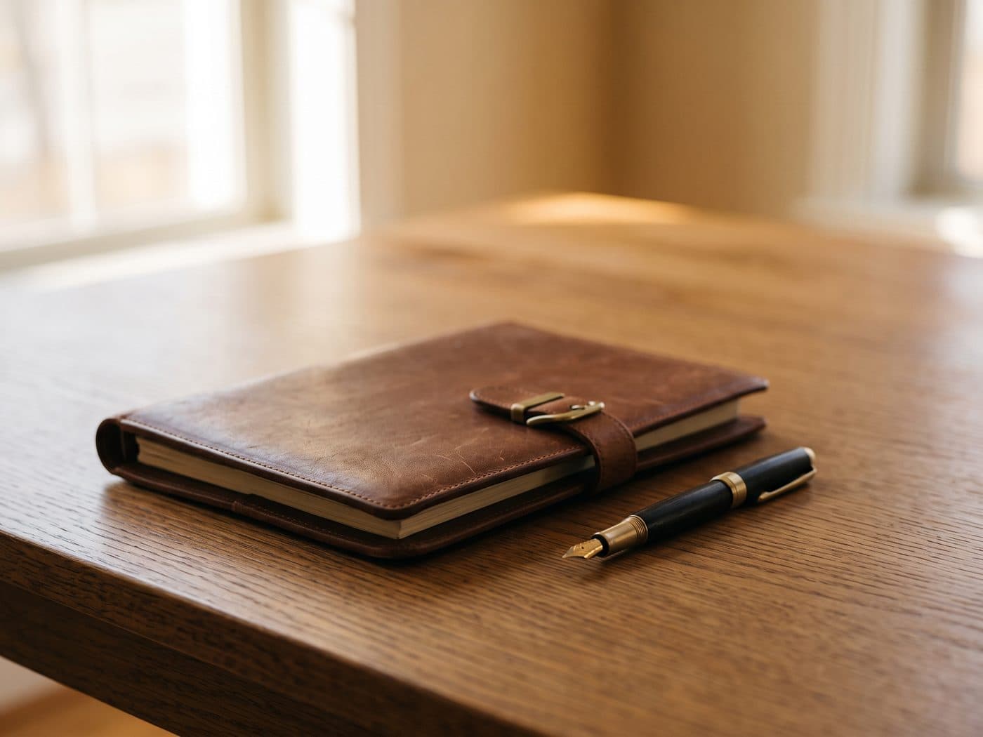 Un porte-documents en cuir fermé et un stylo posés sur un bureau, dossiers en attente de traitement.